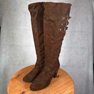 Kathy Van Zeeland Tall Boots Women 7 Brown Fair Buckle Block Heel Faux Suede